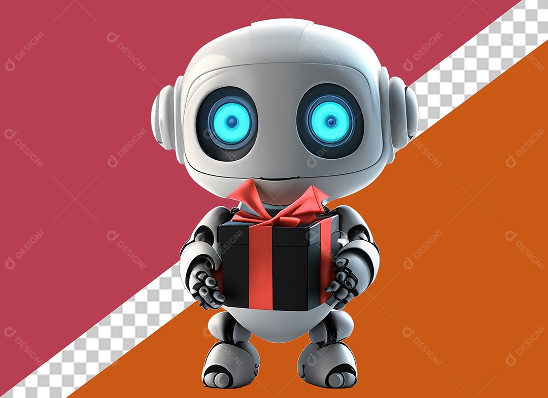 Robô 3D Segurando Caixa de Presente Preta e Vermelha Elemento para Composição PSD