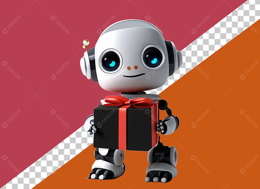 Robô 3D Segurando Caixa de Presente Preta e Vermelha Elemento para Composição PSD