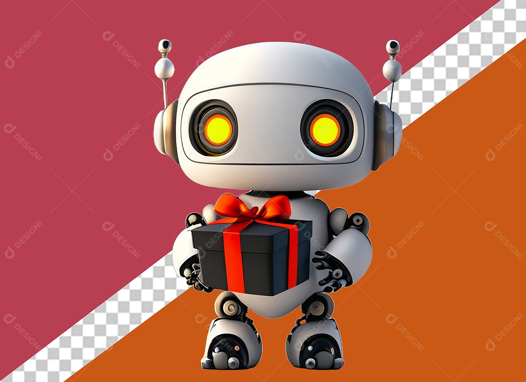 Robô 3D Segurando Caixa de Presente Preta e Vermelha Elemento para Composição PSD