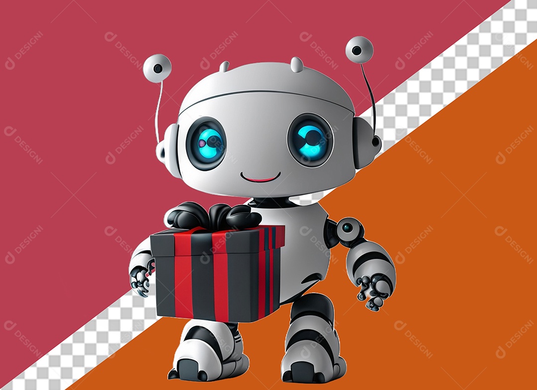 Robô 3D Segurando Caixa de Presente Preta e Vermelha Elemento para Composição PSD
