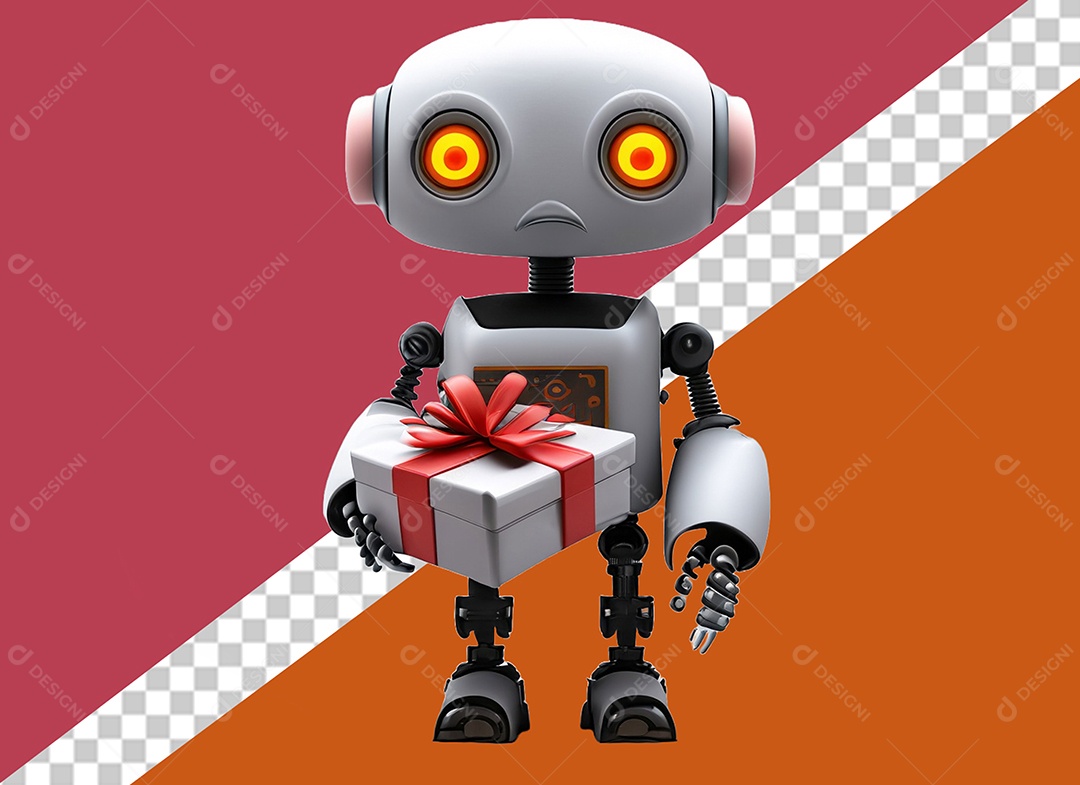 Robô 3D Segurando Caixa de Presente Branco e Vermelho Elemento para Composição PSD