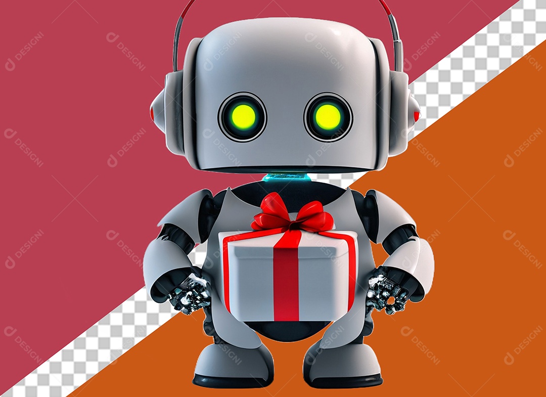 Robô 3D Segurando Caixa de Presente Branco e Vermelho Elemento para Composição PSD