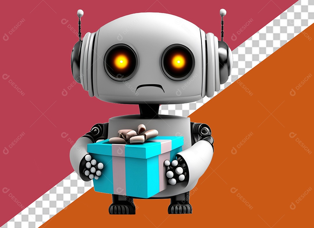 Robô 3D Segurando Caixa de Presente Elemento para Composição PSD