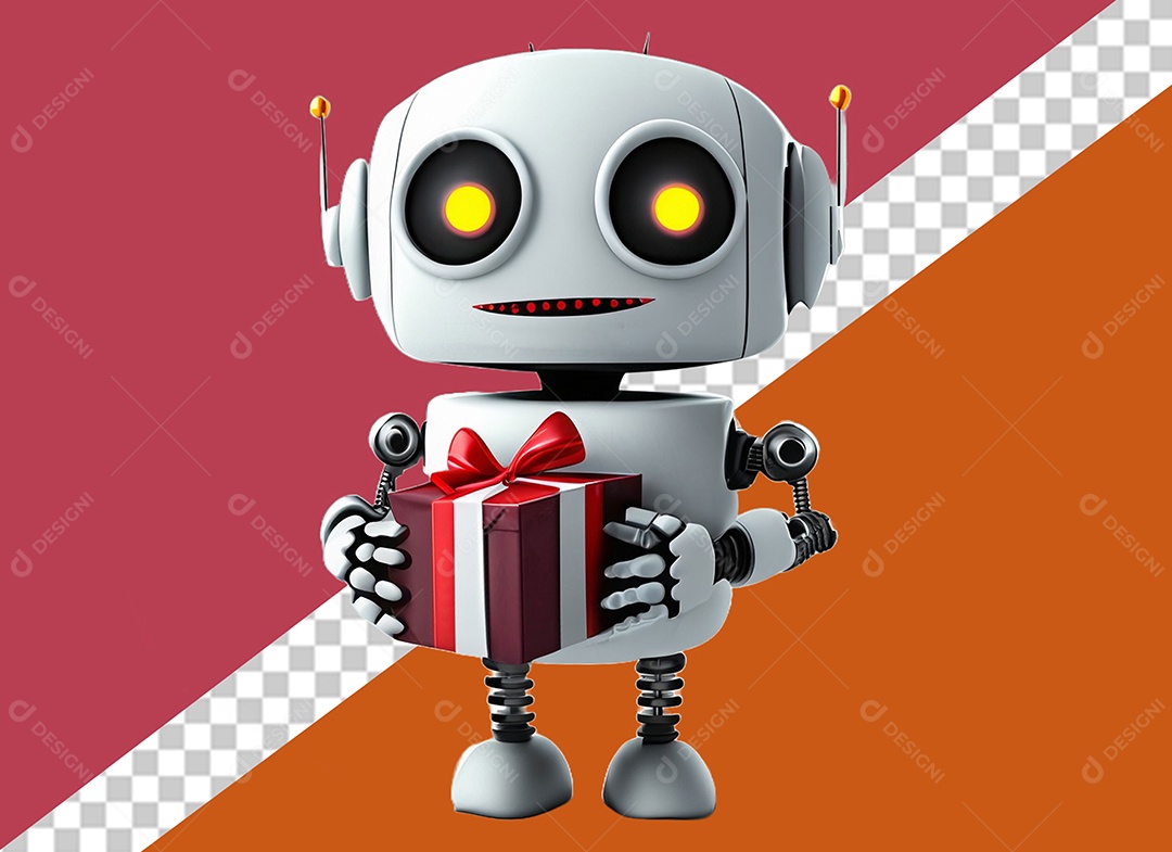 Robô 3D Segurando Caixa de Presente Vermelho e Branco Elemento para Composição PSD
