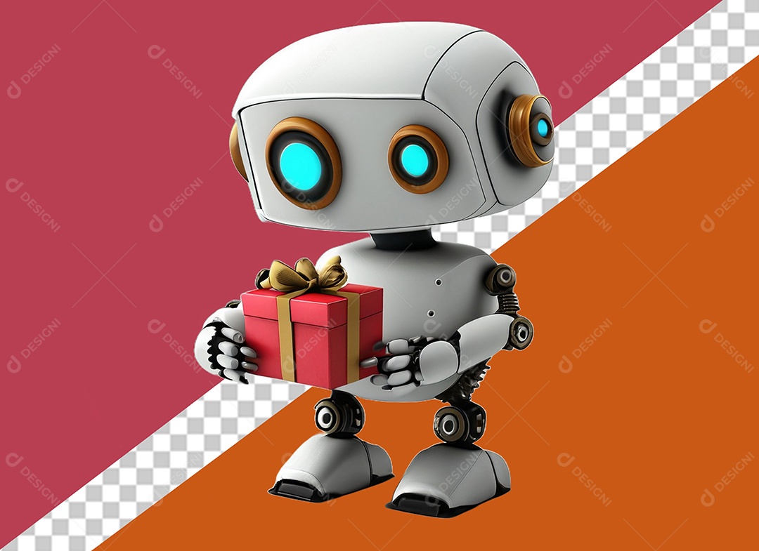 Robô 3D Segurando Caixa de Presente Vermelha e Dourado Elemento para Composição PSD