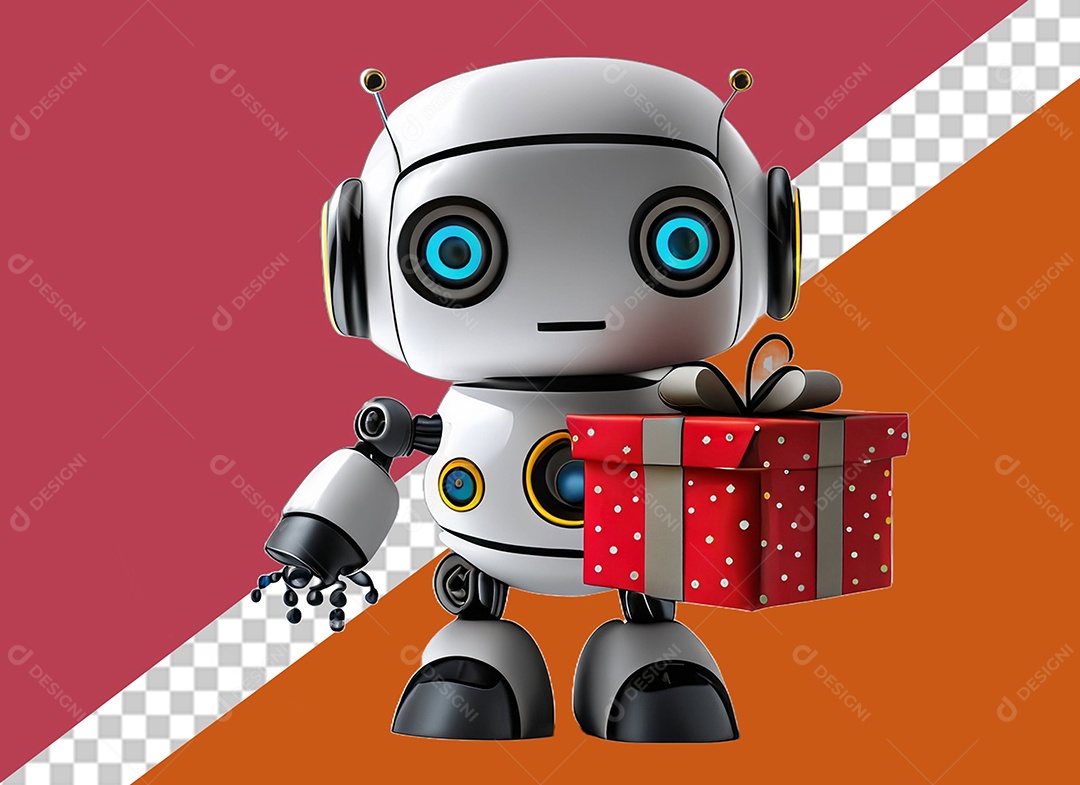 Robô 3D Segurando Caixa de Presente Vermelha e Preto Elemento para Composição PSD