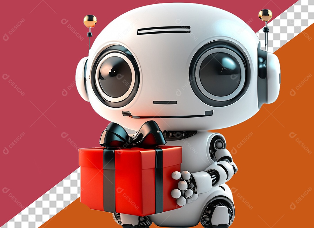 Robô 3D Segurando Caixa de Presente Vermelha e Preto Elemento para Composição PSD