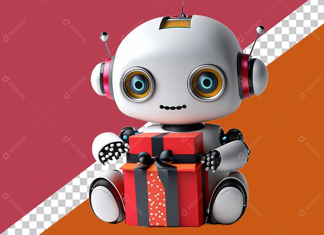 Robô 3D Segurando Caixa de Presente Vermelha e Preto Elemento para Composição PSD