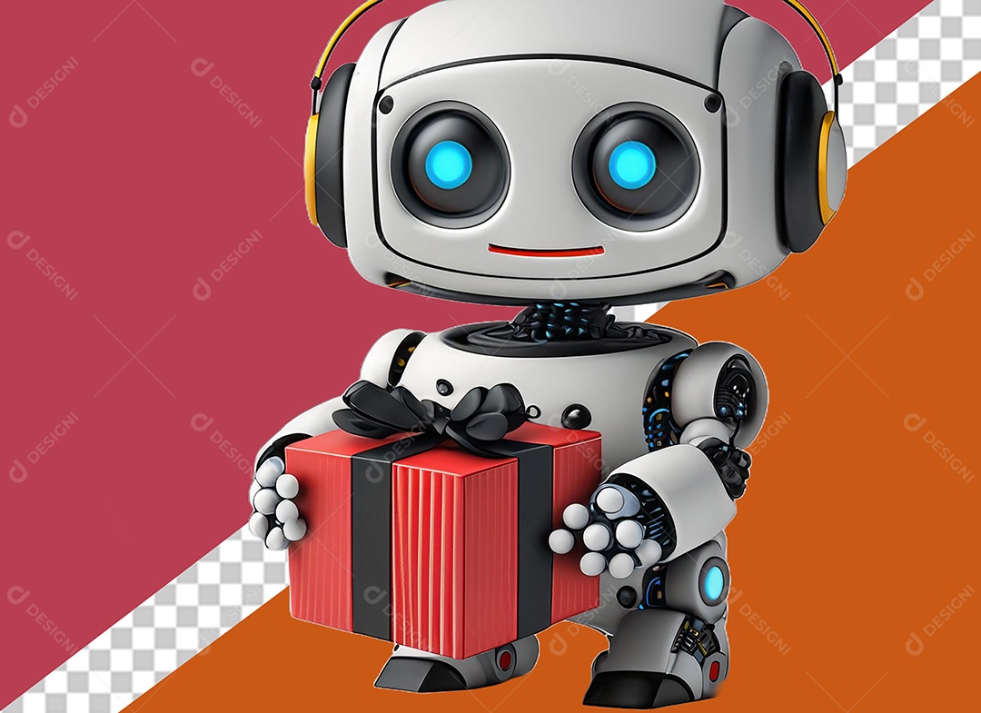 Robô 3D Segurando Caixa de Presente Vermelha e Preto Elemento para Composição PSD