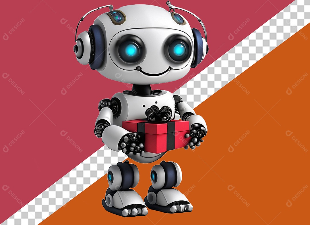 Robô 3D Segurando Caixa de Presente Vermelha e Preta Elemento para Composição PSD