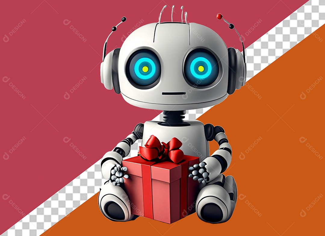 Robô 3D Segurando Caixa de Presente Vermelha Elemento para Composição PSD