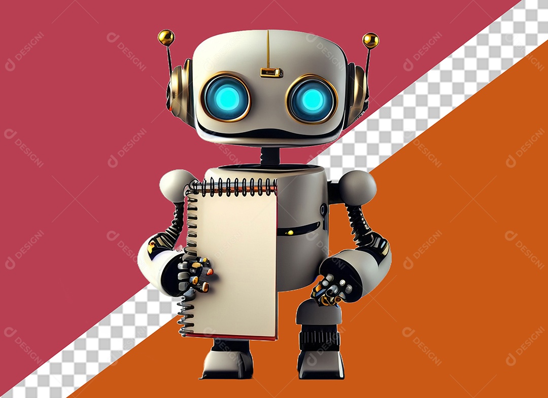 Elemento 3D Robô Branco Segurando Caderno para Composição PSD