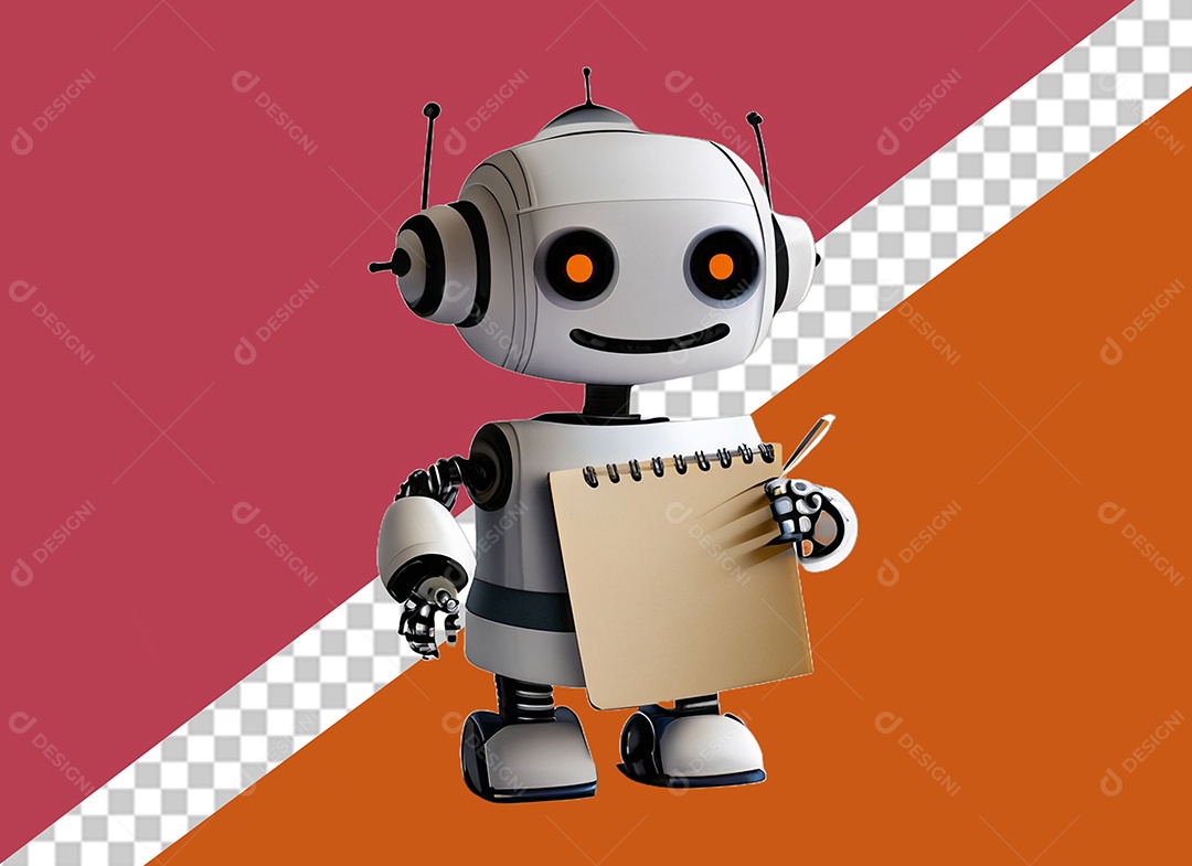 Elemento 3D Robô Branco Segurando Caderno para Composição PSD