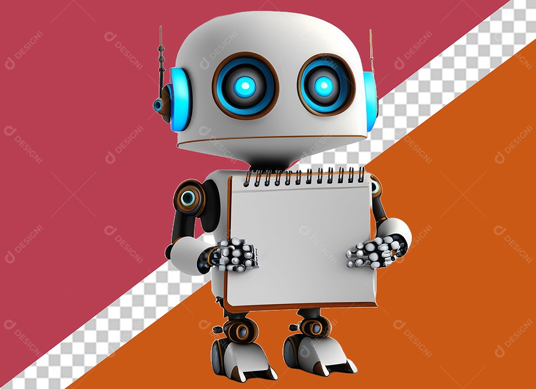 Robô 3D Branco Segurando Caderno Elemento para Composição PSD
