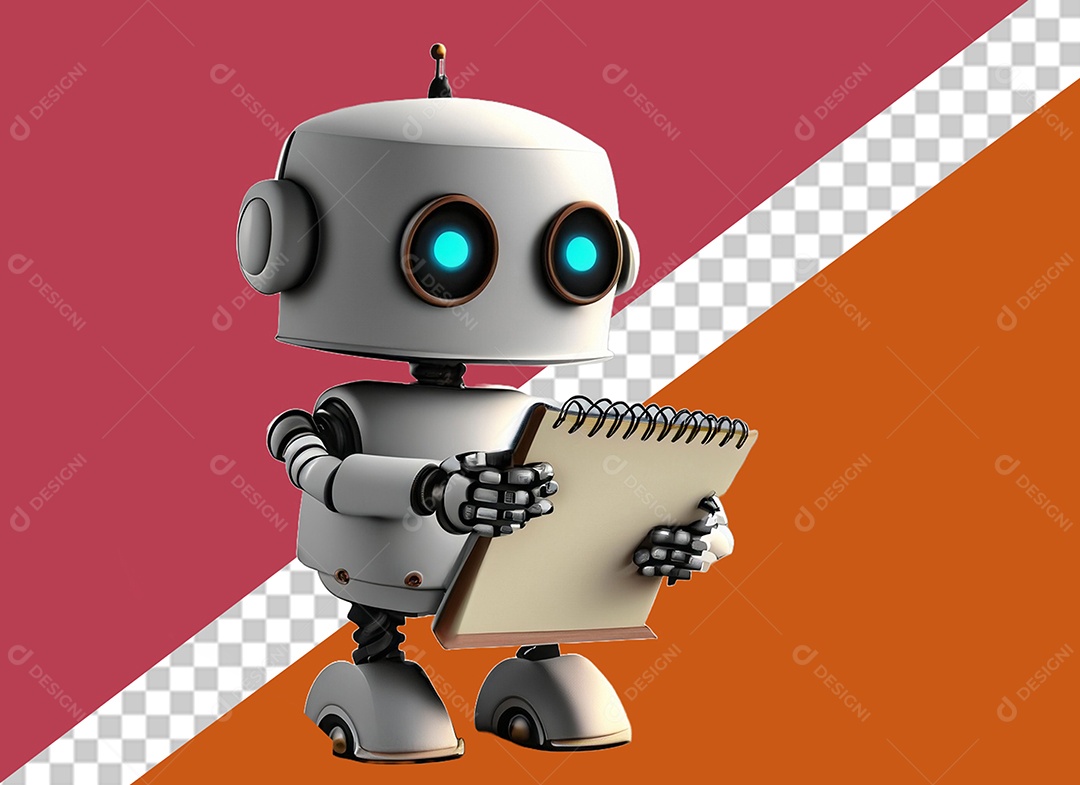 Robô 3D Branco Segurando Caderno Elemento para Composição PSD