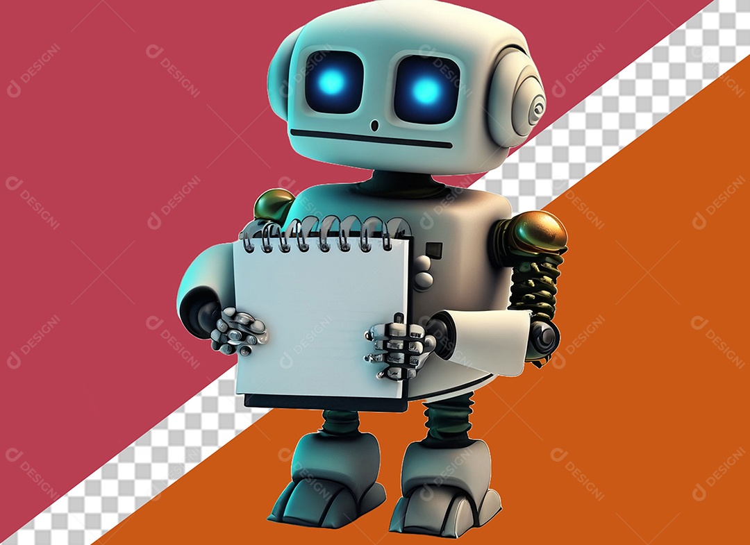Robô 3D Branco Segurando Caderno Elemento para Composição PSD