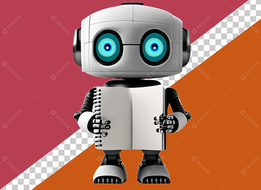 Robô 3D Branco Segurando Caderno Elemento para Composição PSD