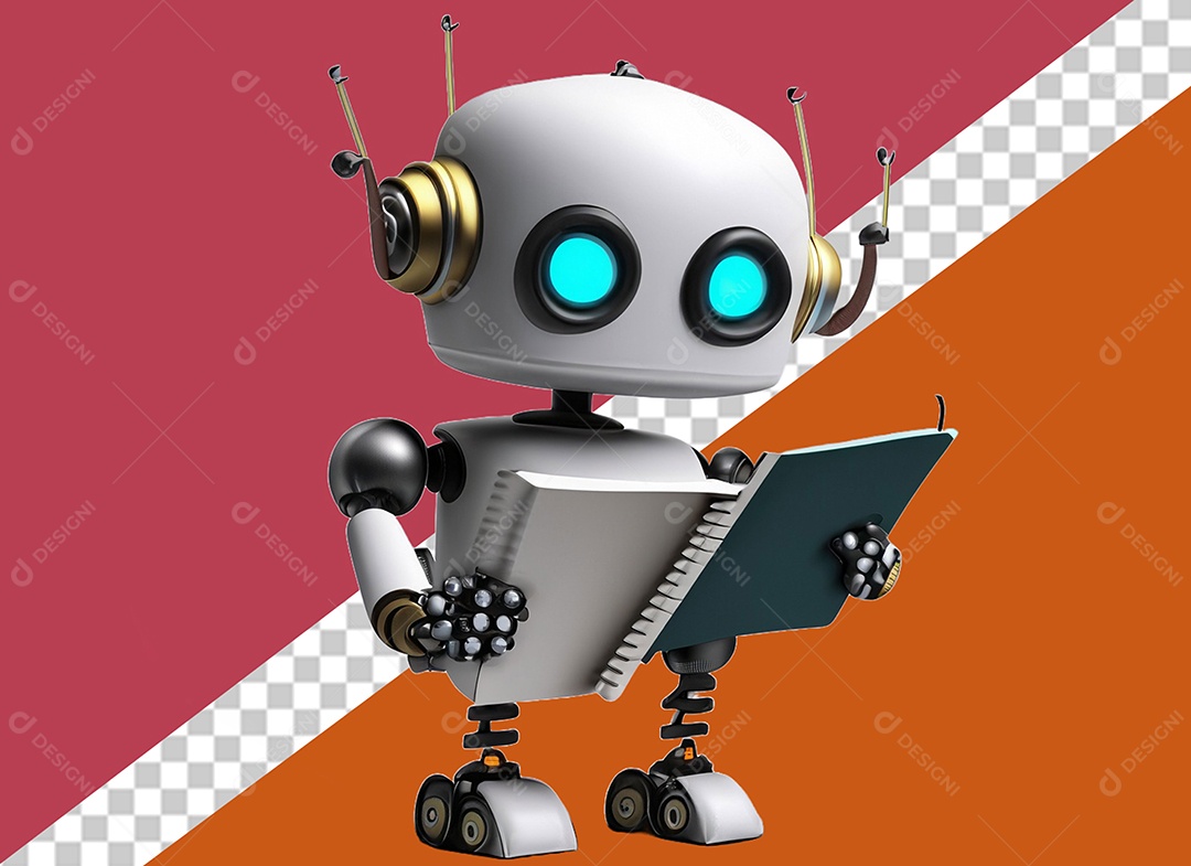 Robô 3D Branco Segurando Caderno Elemento para Composição PSD