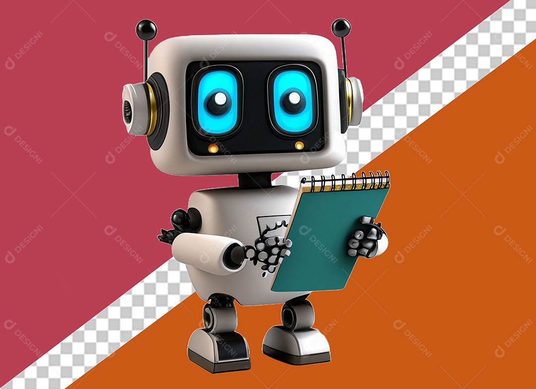 White 3D Robot Holding Notebook Element for PSD Composition