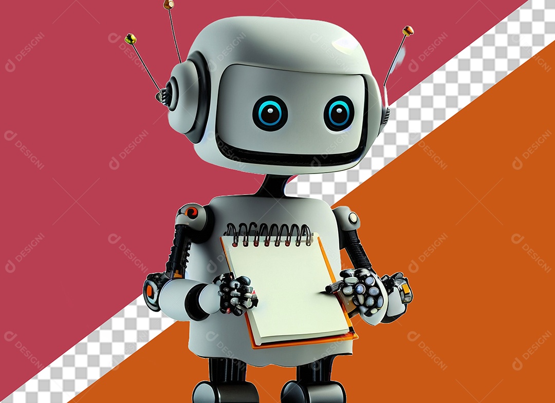 Robô 3D Branco Segurando Caderno Elemento para Composição PSD