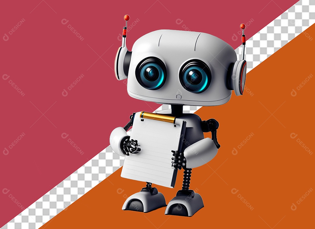 Robô 3D Branco Segurando Caderno Elemento para Composição PSD
