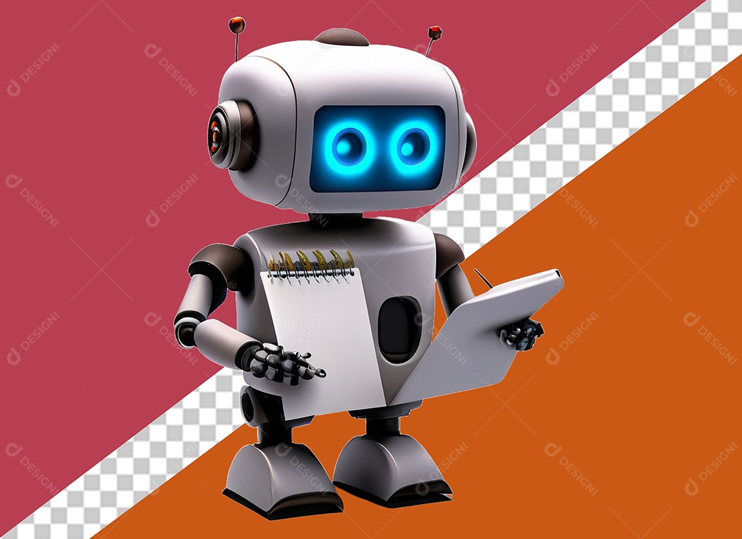 Robô 3D Branco Segurando Caderno Elemento para Composição PSD