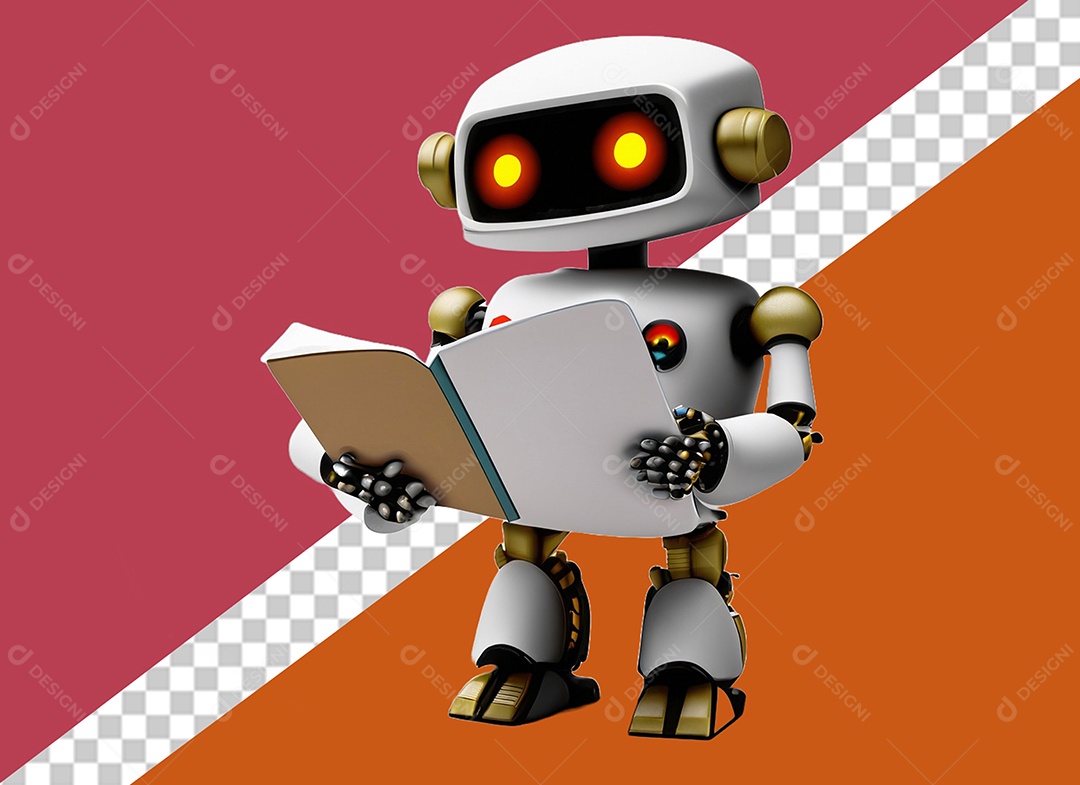 Robô Branco 3D Segurando Caderno Livro Elemento para Composição PSD