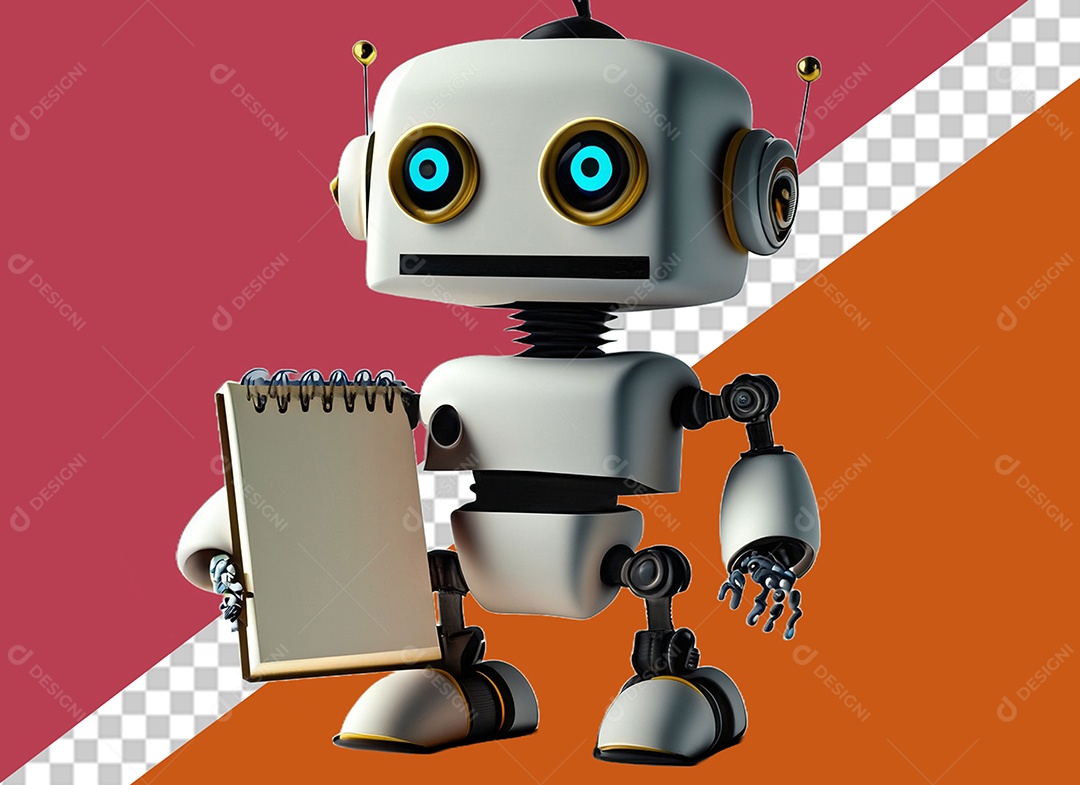 Robô 3D Branco Segurando Caderno Elemento para Composição PSD