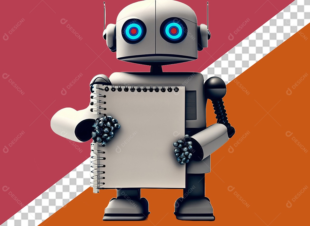 Robô 3D Branco Segurando Caderno Elemento para Composição PSD