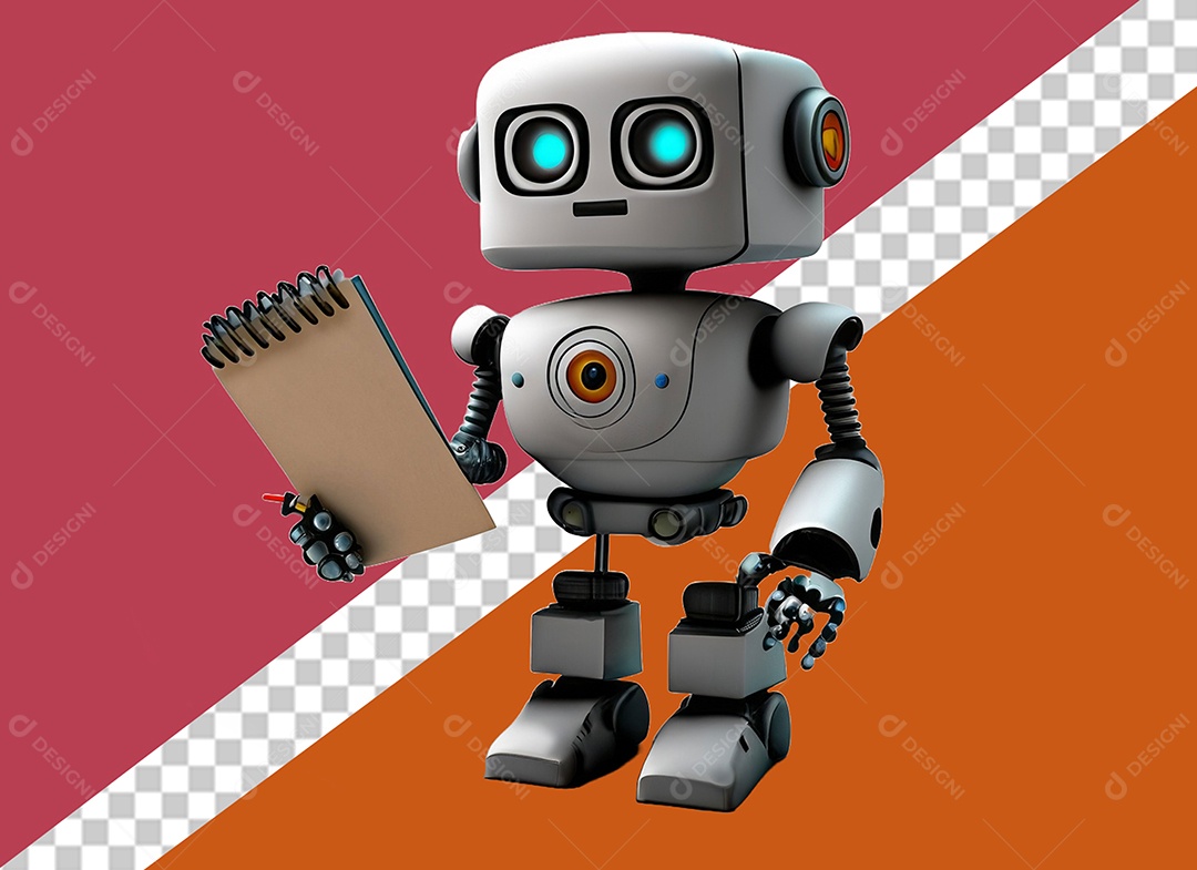 Robô 3D Branco Segurando Caderno Elemento para Composição PSD