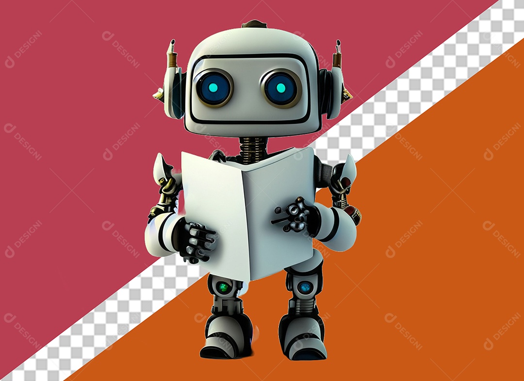 Robô 3D Branco Segurando Caderno Elemento para Composição PSD