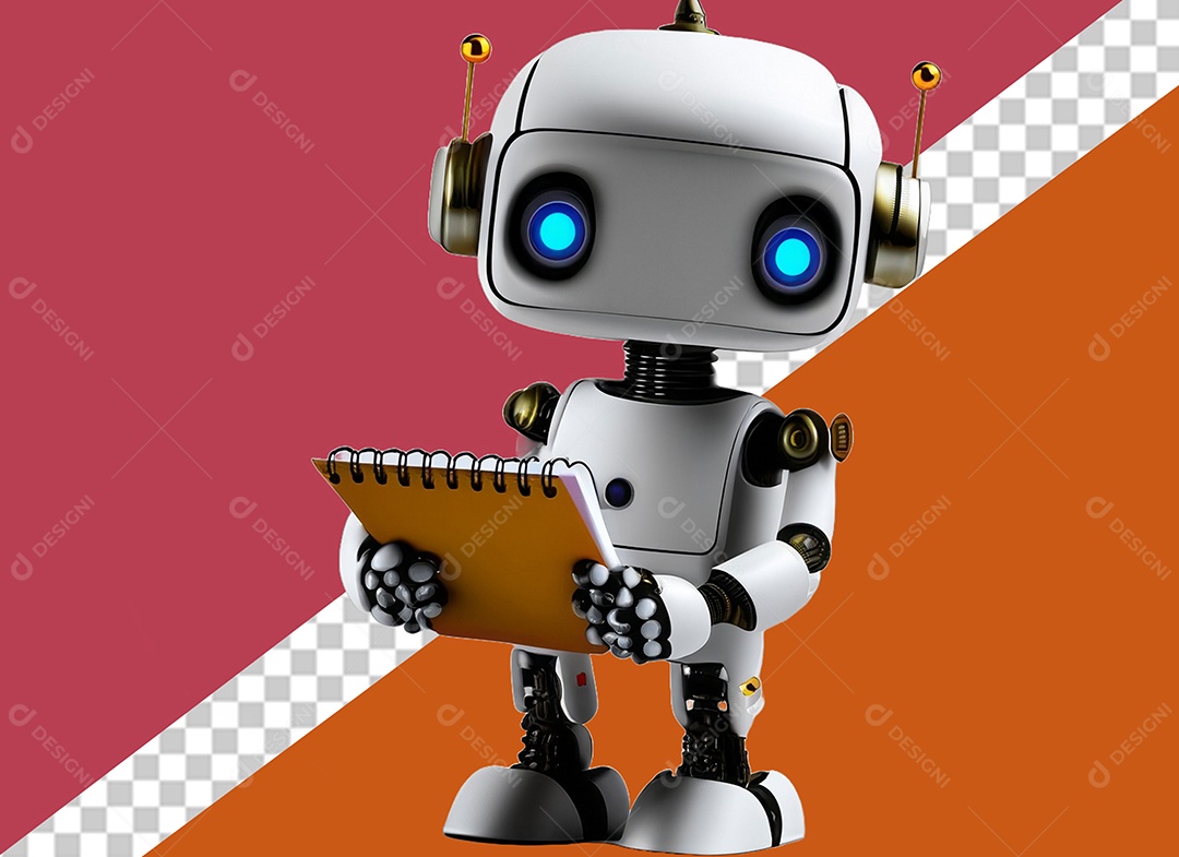 Robô 3D Branco Segurando Caderno Elemento para Composição PSD