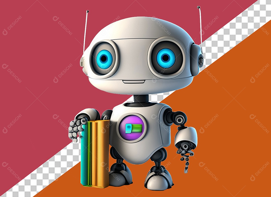 Robô Branco 3D Segurando Caderno Elemento para Composição PSD