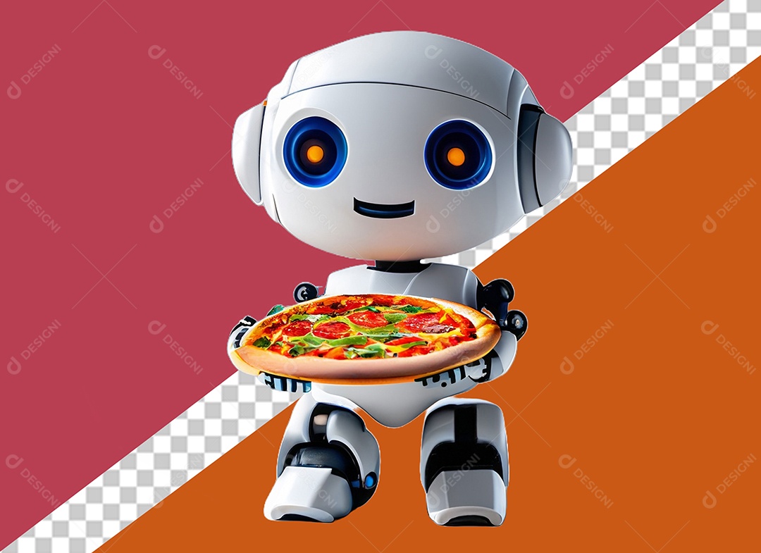 Robô Branco 3D Segurando Pizza Elemento para Composição PSD