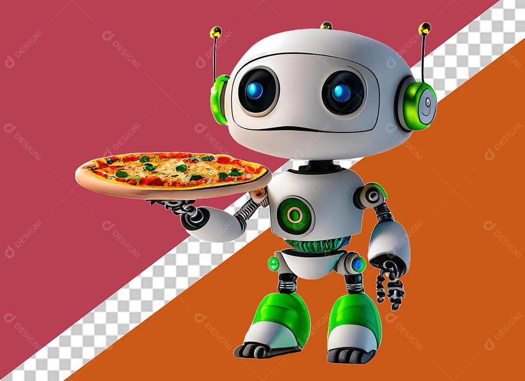 Robô Branco e Verde 3D Segurando Pizza Elemento para Composição PSD