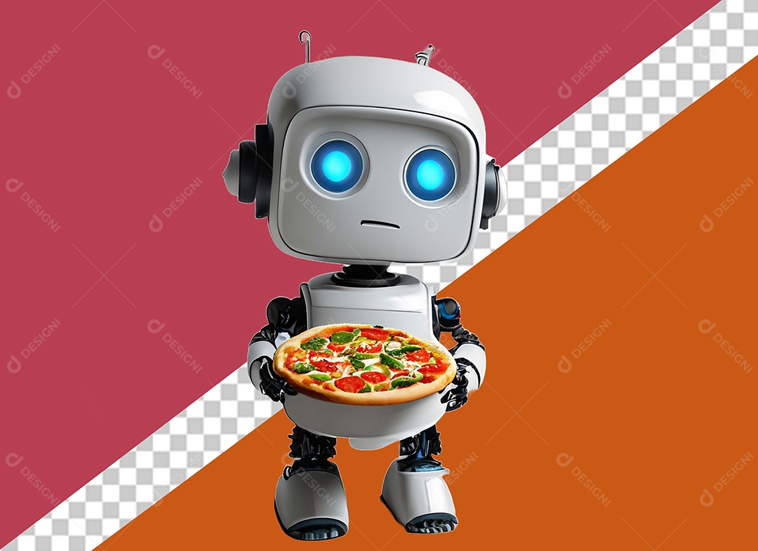 Robô Branco 3D Segurando Pizza Elemento para Composição PSD