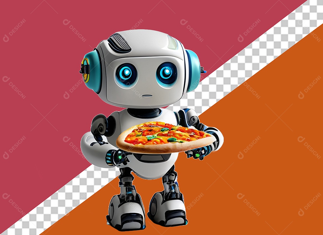 Robô Branco 3D Segurando Pizza Elemento para Composição PSD