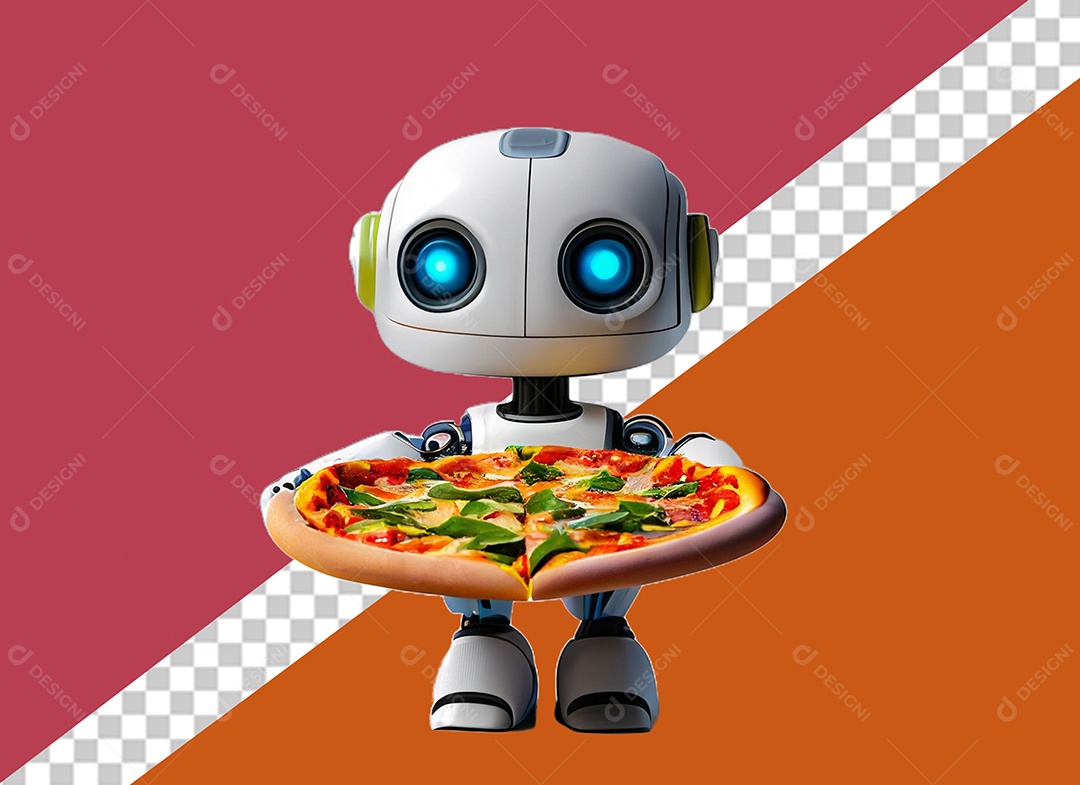 Robô Branco 3D Segurando Pizza Elemento para Composição PSD