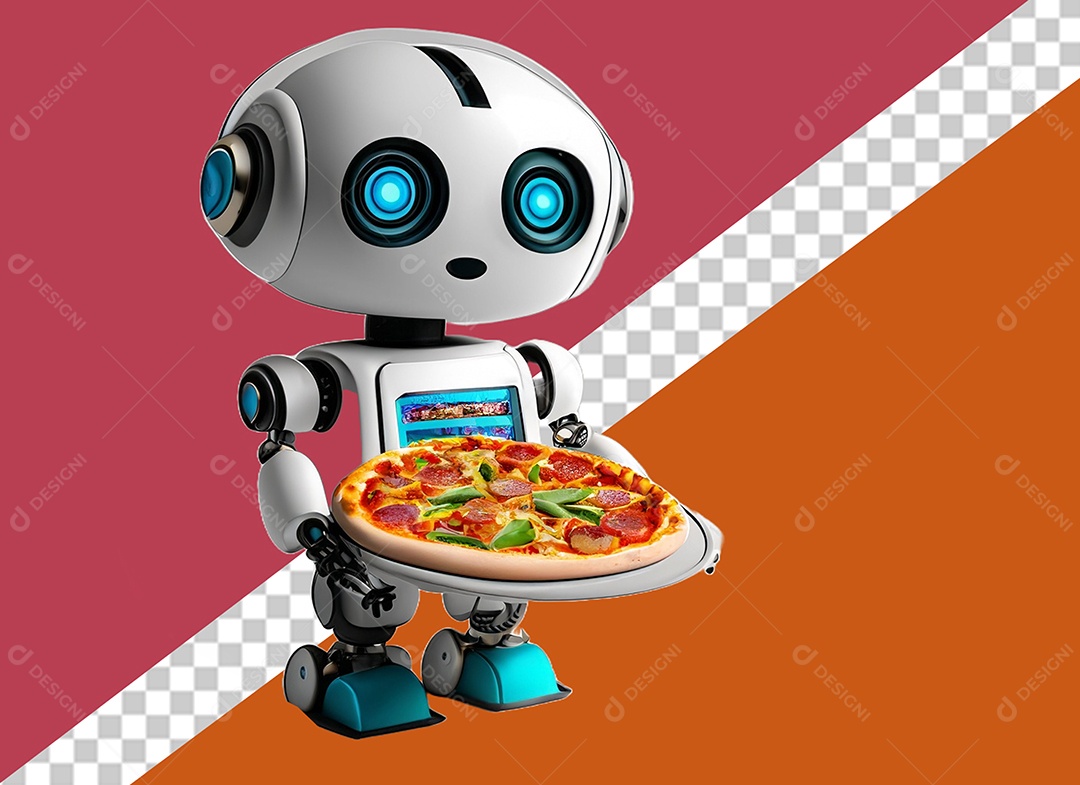 Robô Branco 3D Segurando Pizza Elemento para Composição PSD