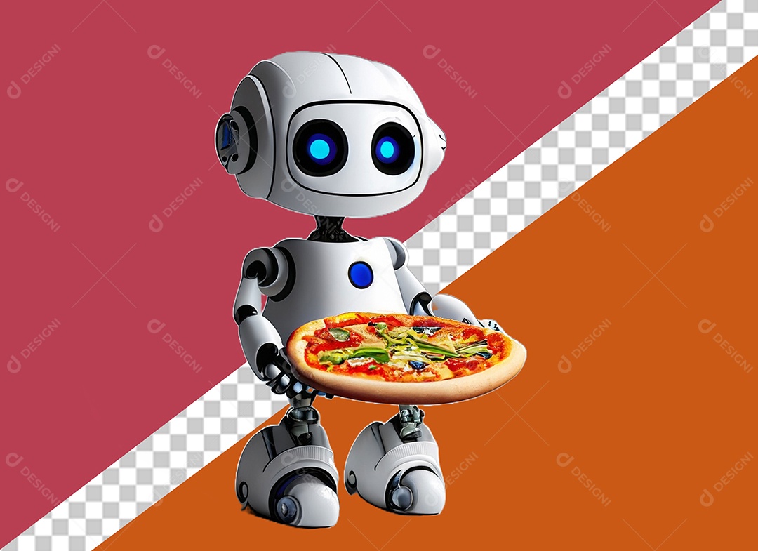 Robô Branco 3D Segurando Pizza Elemento para Composição PSD