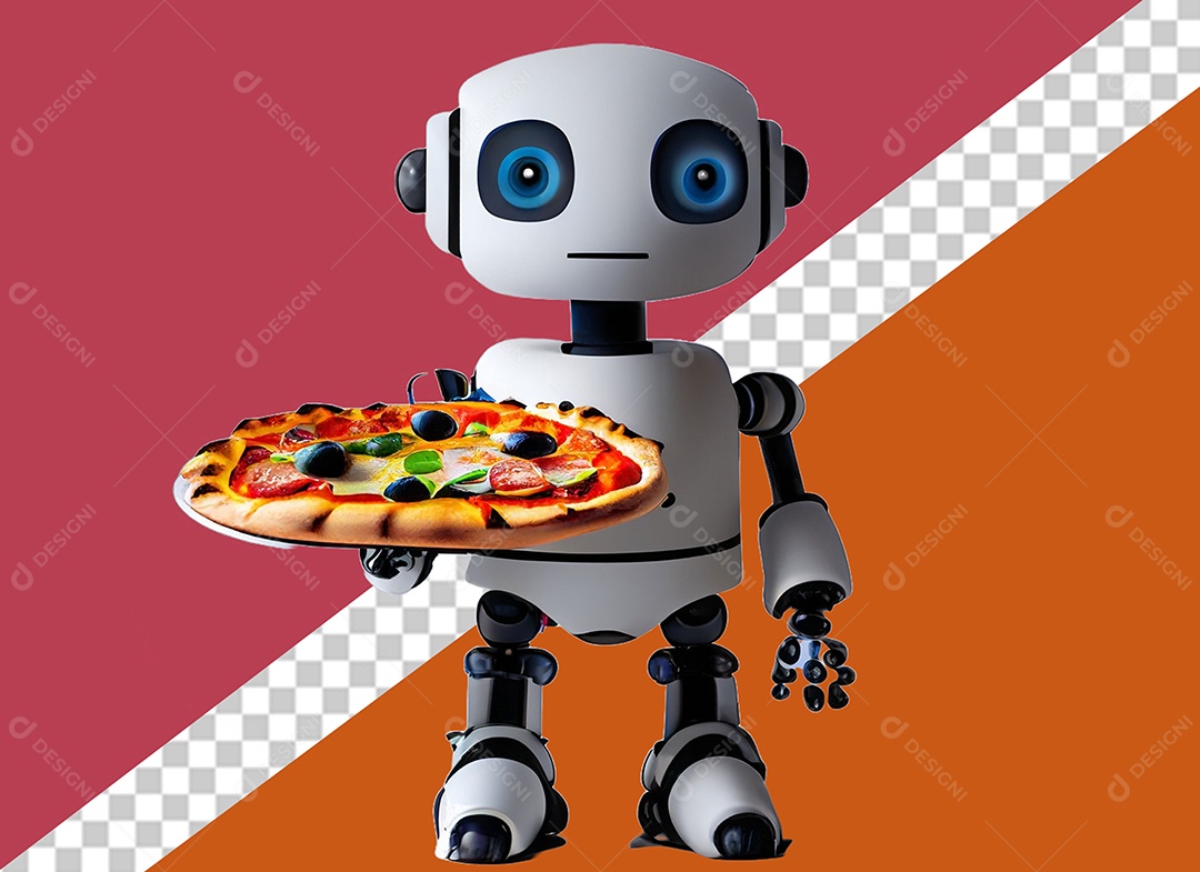 Robô Branco 3D Segurando Pizza Elemento para Composição PSD