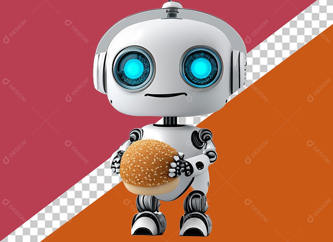 Robô Branco 3D Segurando Hambúrguer Elemento para Composição PSD
