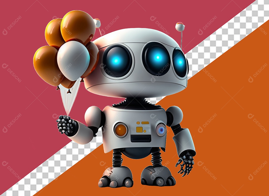 Robô Segurando Balões Laranja e Branco Elemento 3D para Composição PSD