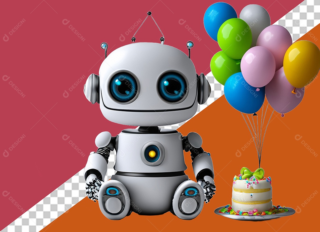 Robô Branco 3D Segurando Bolo de Aniversário e Balões Elemento para Composição PSD