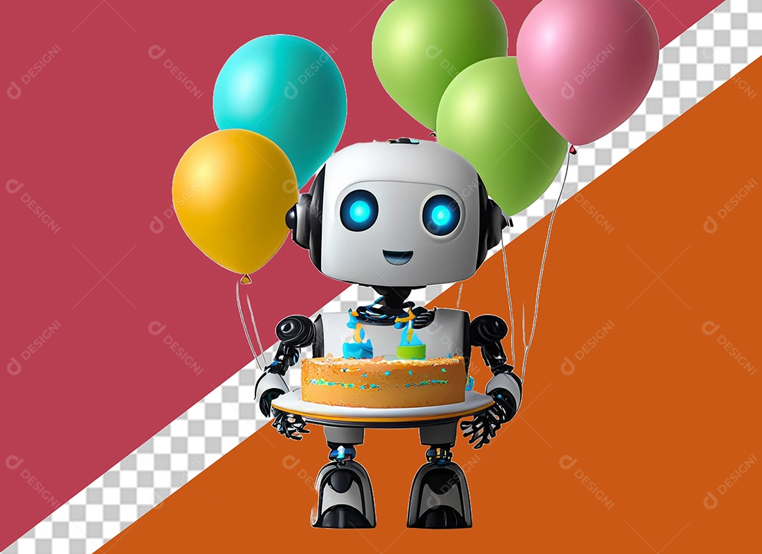 Robô Branco 3D Segurando Bolo de Aniversário e Balões Elemento para Composição PSD