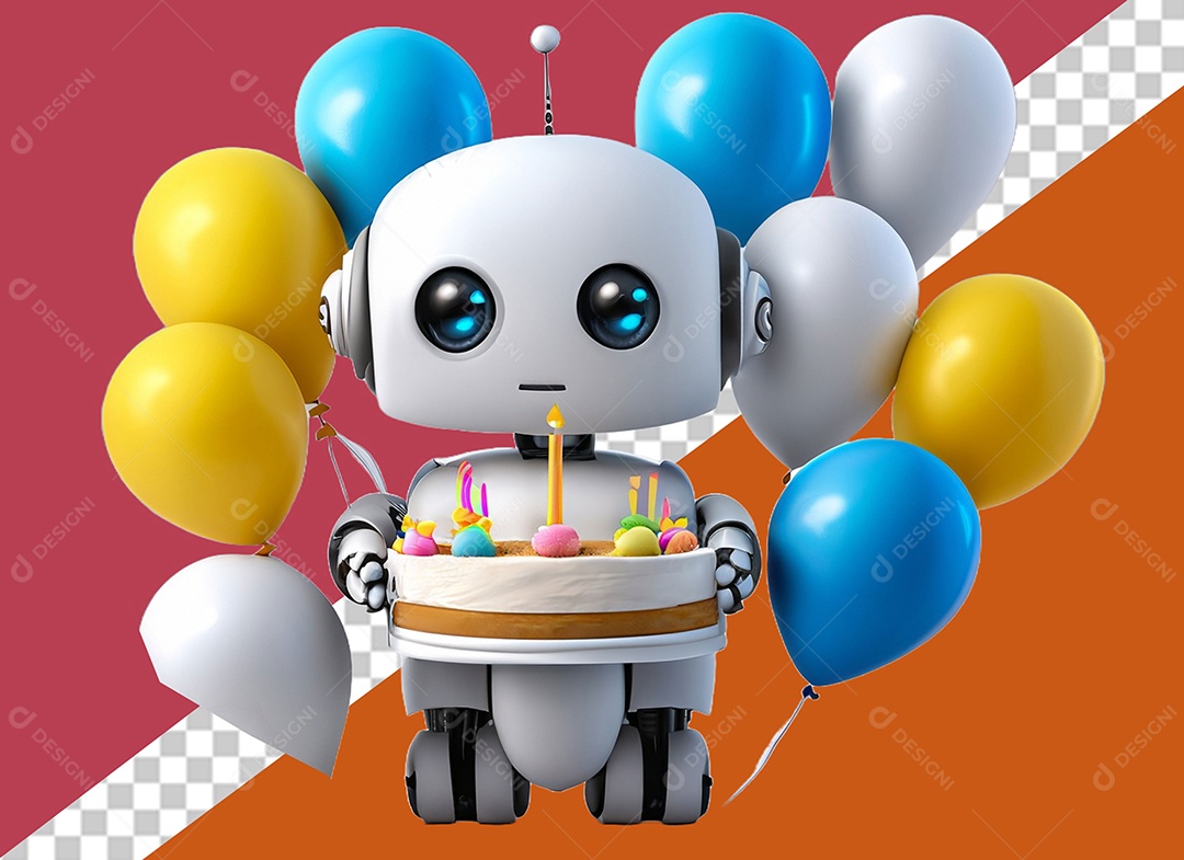 Robô Branco 3D Segurando Bolo de Aniversário e Balões Elemento para Composição PSD