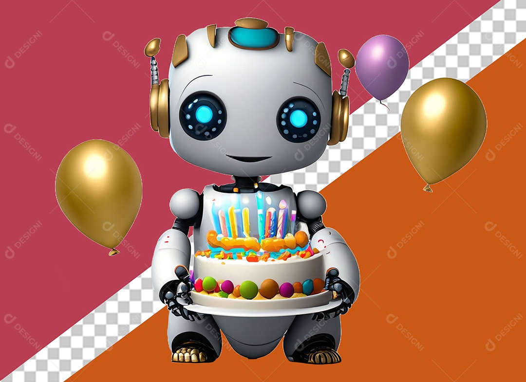 Robô Branco 3D Segurando Bolo de Aniversário e Balões Elemento para Composição PSD