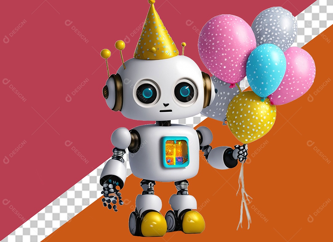 Robô Branco 3D Segurando Balões Coloridos de Aniversário Elemento para Composição PSD