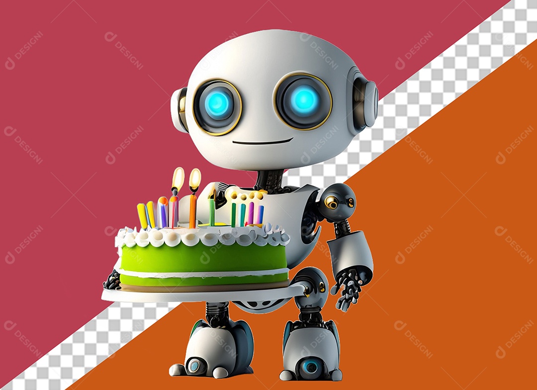 Robô Branco 3D Segurando Bolo de Aniversário Festa Eventos Elemento para Composição PSD