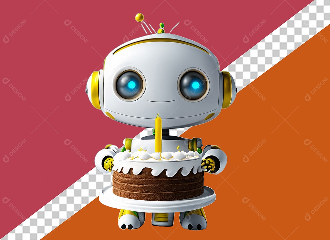 Robô Branco 3D Segurando Bolo de Aniversário Festa Eventos Elemento para Composição PSD